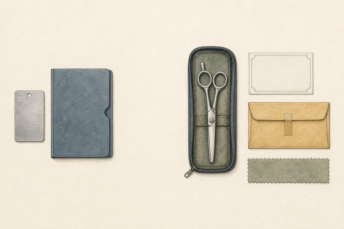 Split hand-drawn evidence plate with a material coupon and source folio separated from a protected closed shear, blank model card, service envelope, and practice swatch.