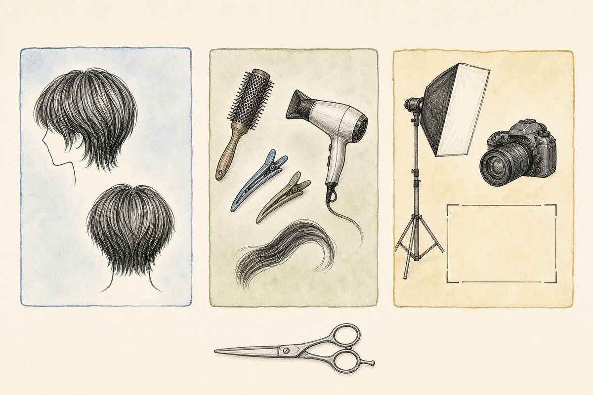 Hand-drawn three-board reference decomposition separating a hairstyle silhouette, styling tools and loose hair swatch, and camera, soft light, and empty crop frame, with a closed shear outside.