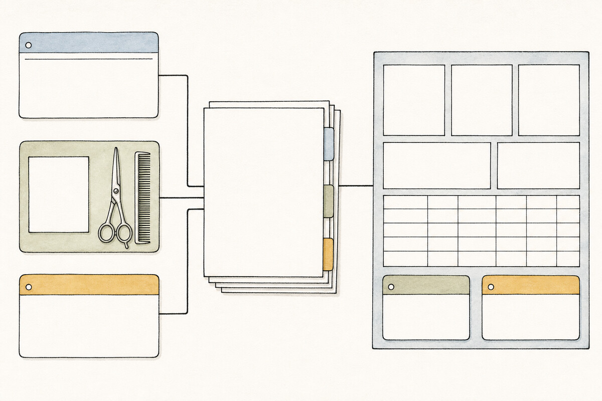 Hand-drawn editorial provenance plate connecting three empty salon source-record cards to blank definition sheets and a publication board containing only empty frames and a blank grid.