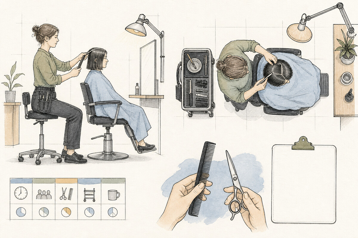 Hand-drawn field-notebook plate showing one salon task from side and overhead views, plus a neutral hand-and-tool observation, task light, trolley, and blank record card.