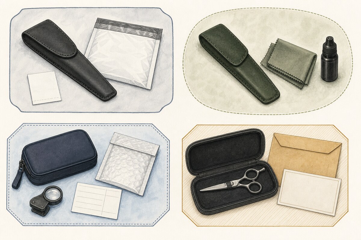 Four separate hand-drawn tool-cost bays show a protected purchase package, care cloth and bottle, service transport records, and a closed backup shear in its own case.