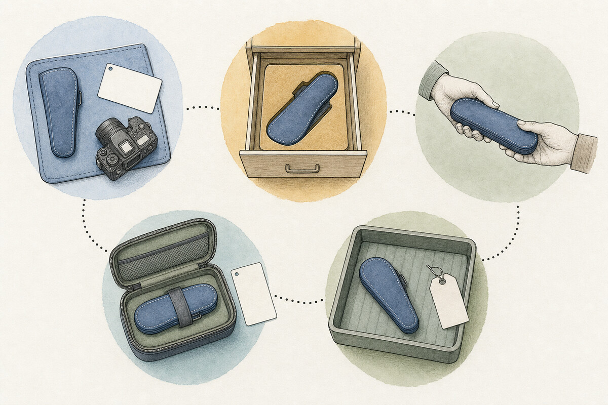 Hand-drawn editorial custody plate with a fitted shear case at intake, in assigned storage, during a closed-case handoff, inside protected transit, and in a separate isolation tray.