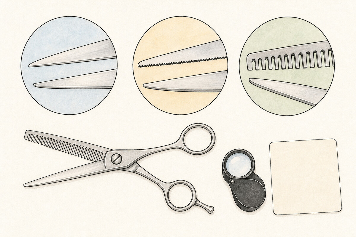 Hand-drawn warm-paper observation plate with matching-scale smooth, fine-serrated, and wider-toothed edge insets above one generic open thinning shear, a loupe, and a blank evidence card.