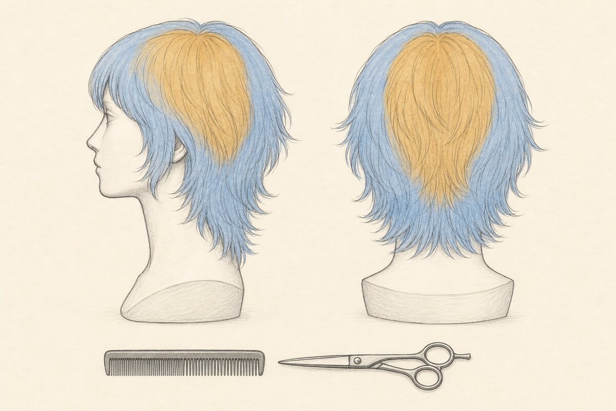 Hand-drawn side and back views of a layered shag mannequin, using pale blue for the exterior perimeter and muted ochre for the interior planning area, with closed tools below.