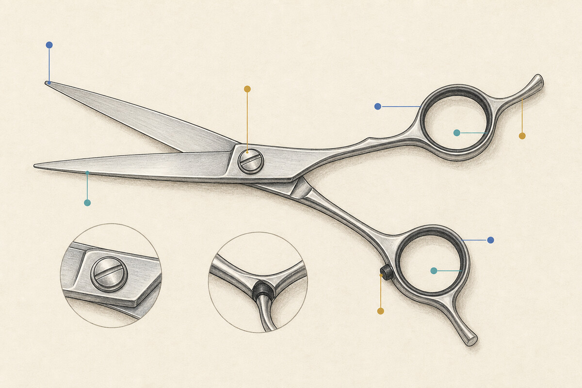 Hand-drawn orientation plate of an unbranded cutting shear with callout dots at its visible parts.