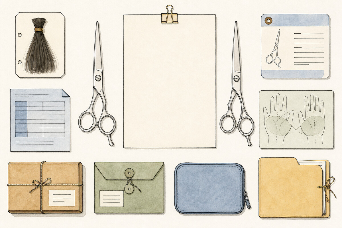 Hand-drawn comparison plate with two equal closed shear candidates, a blank folio, and separate task, identity, specification, fit, seller, purchase-terms, service, and unresolved-decision evidence objects.