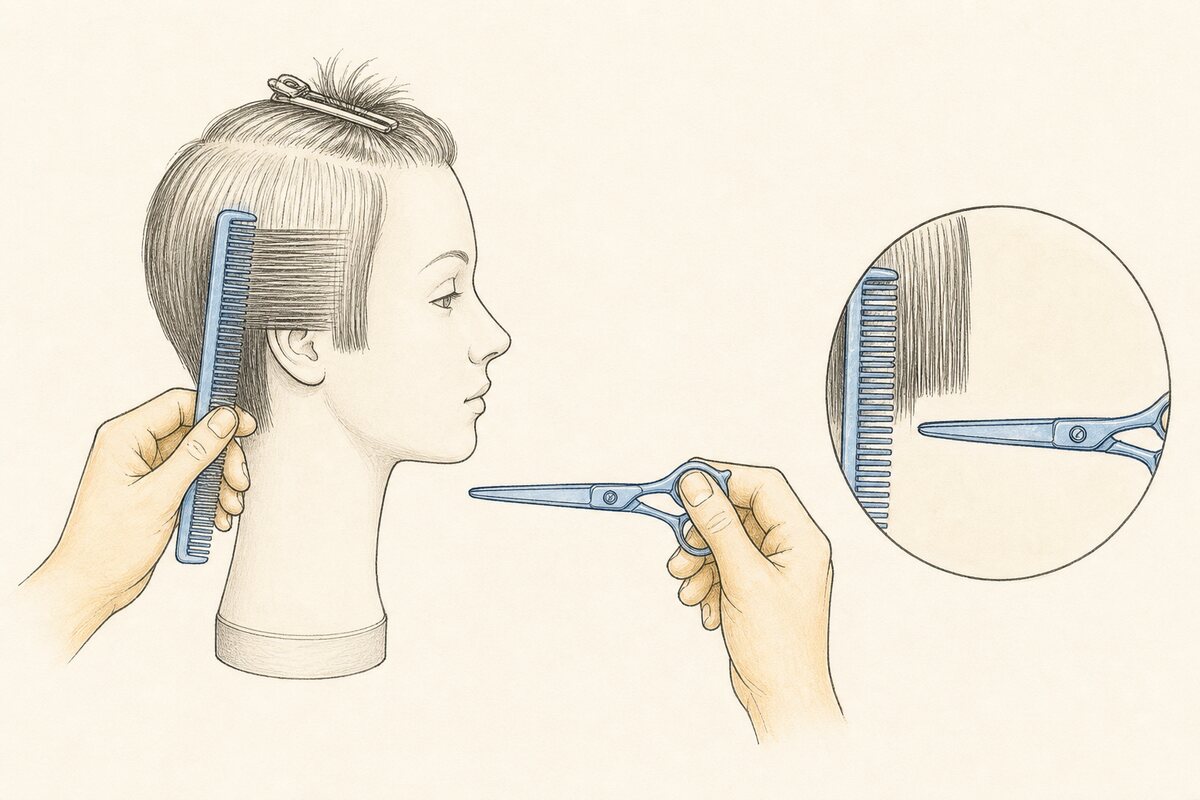 Hand-drawn editorial practice view of a comb presenting a mannequin hair section while a fully closed shear remains visibly clear of the hair, comb, hand, ear, and skin.