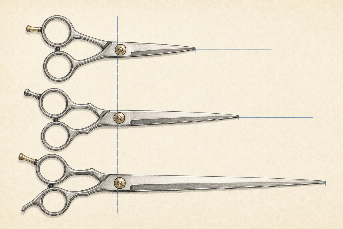 Generated editorial illustration: three complete unbranded closed cutting shears share an aligned pivot guide while their blade reach and handle envelopes differ visibly.