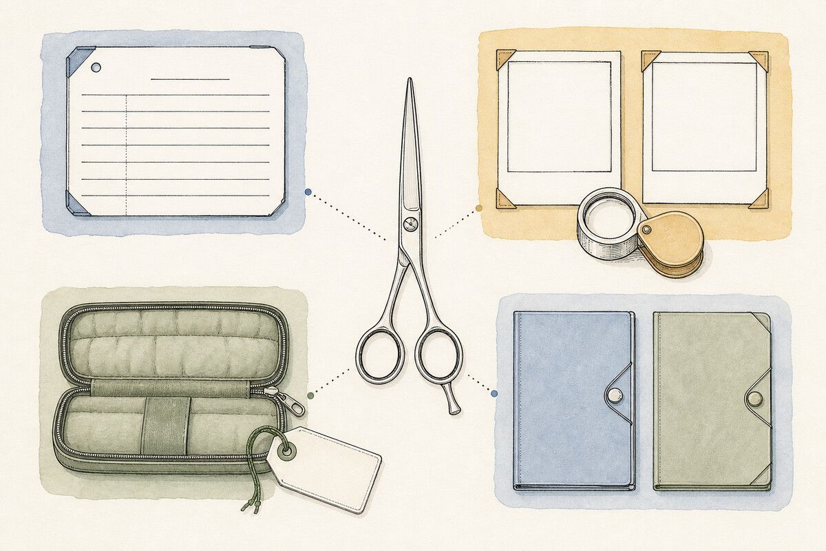 Hand-drawn condition-led decision plate with one closed shear linked to blank identity records, paired condition-photo frames and loupe, a padded isolation case, and two neutral review folders.