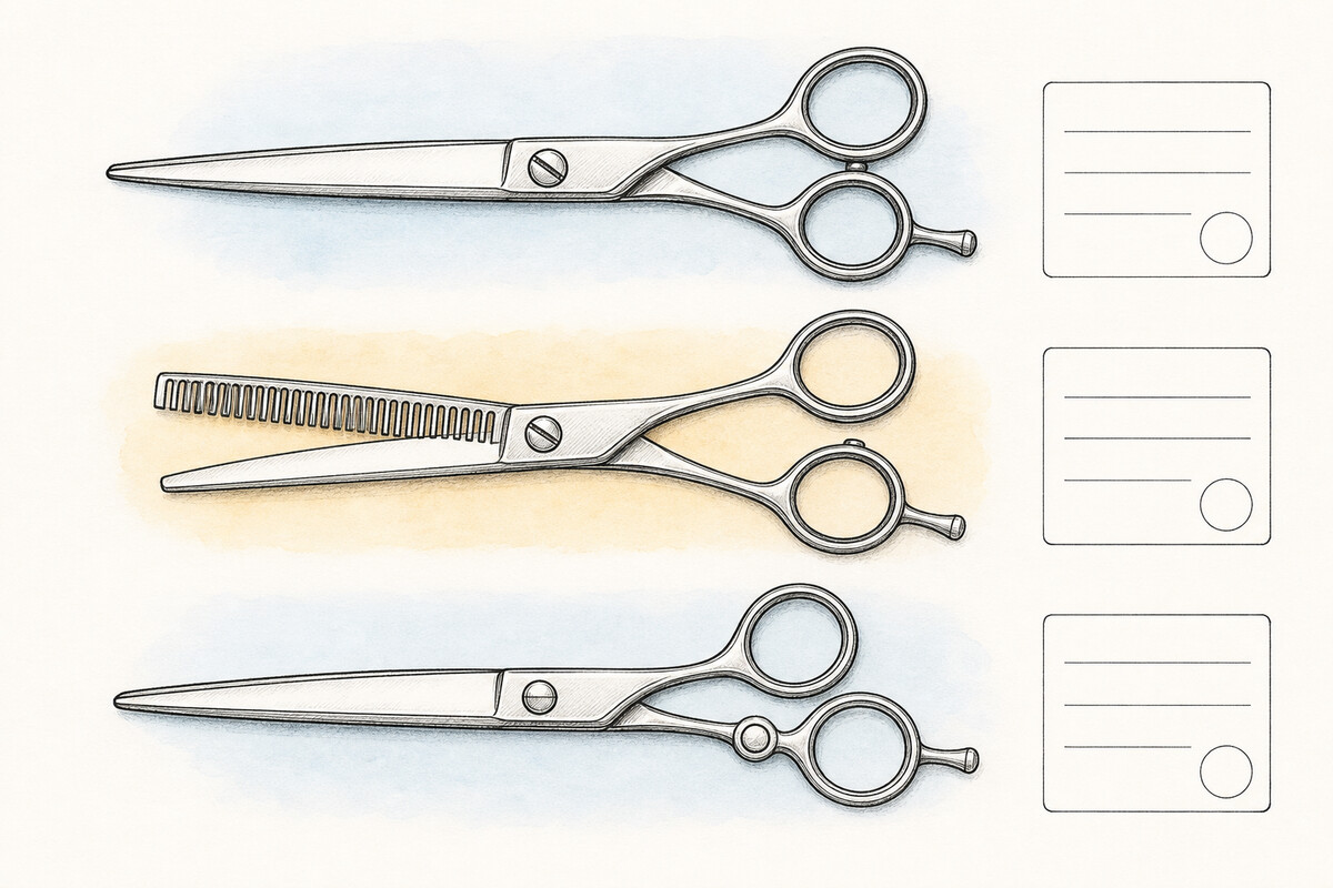 Hand-drawn editorial catalog plate pairing generic long-blade, toothed, and swivel-thumb professional shear contexts with three blank model-record cards.