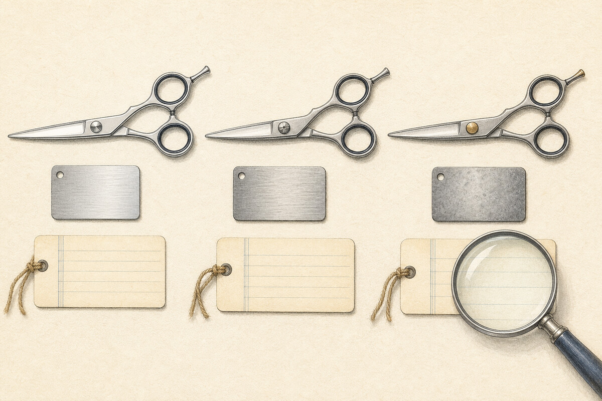 Generated editorial illustration: three unbranded closed hair shears at matching scale sit beside neutral steel coupons and blank source-record cards on archival paper.