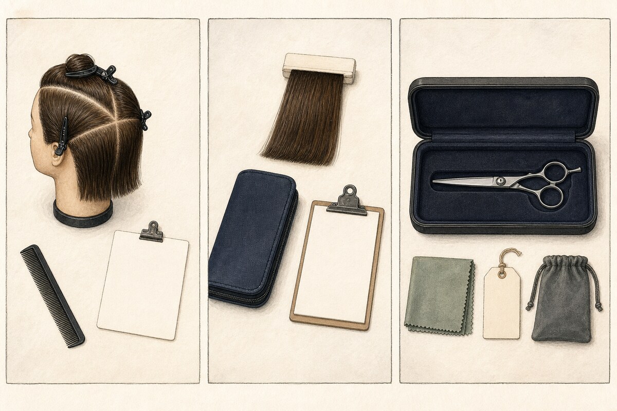 Three-panel hand-drawn illustration of a sectioned training head and record card, a hair swatch beside a closed tool case and clipboard, and one closed shear in a fitted case.