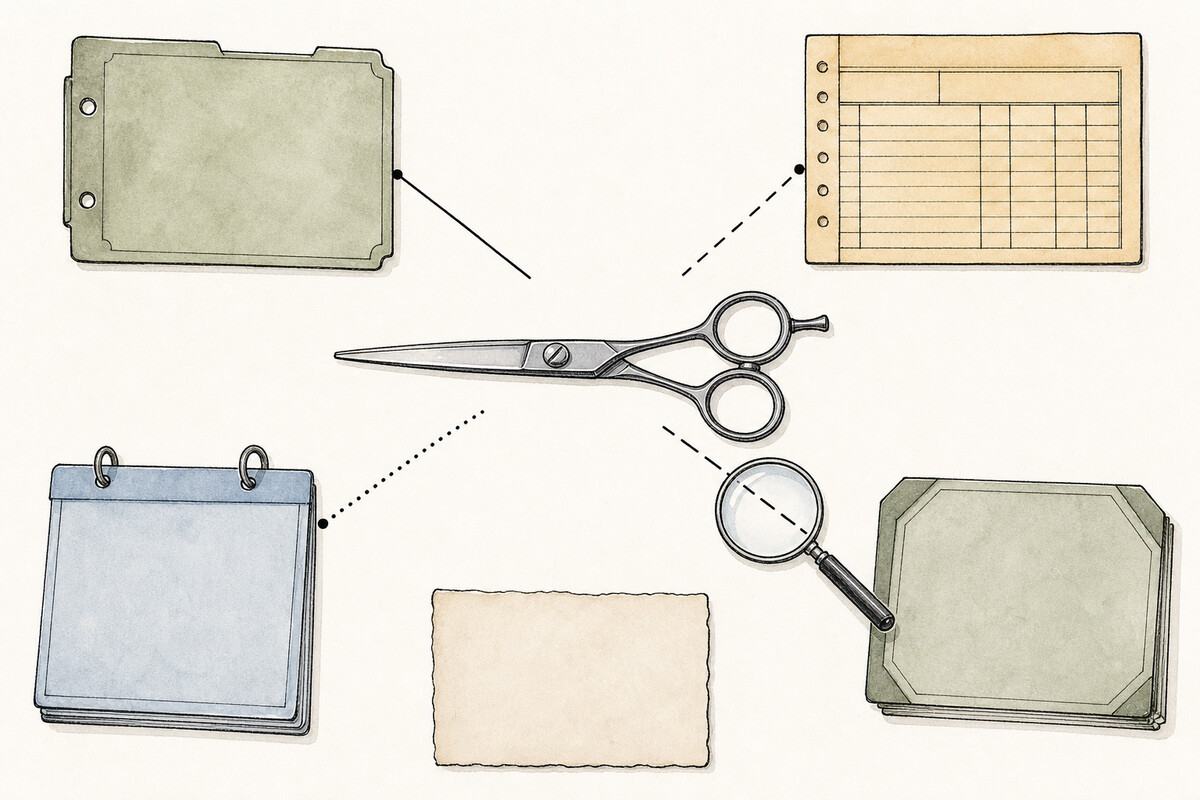 Hand-drawn terminology-evidence plate linking one closed generic shear to four blank source cards with solid, dashed, dotted, and interrupted relationships, plus a loupe and detached unresolved card.