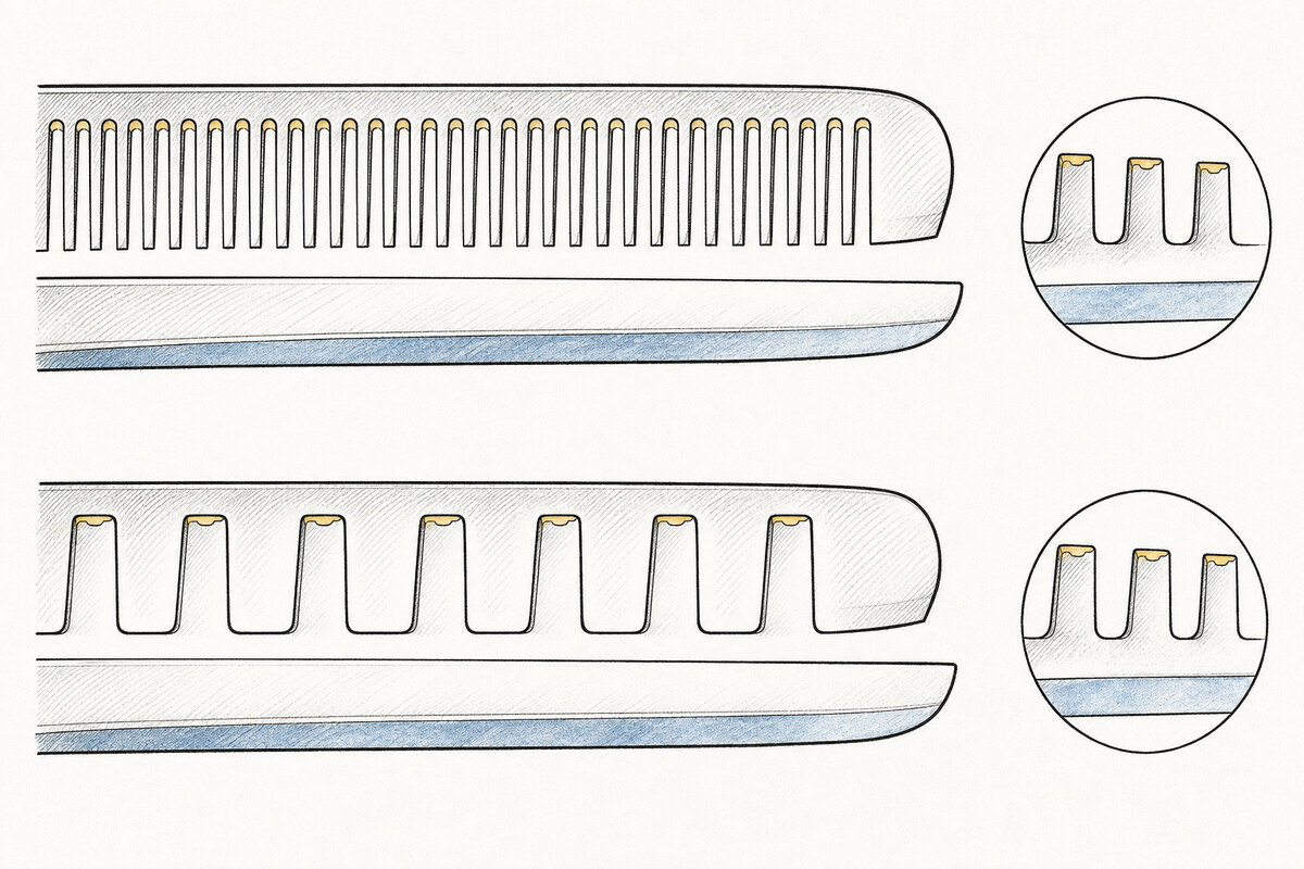 Hand-drawn editorial plate of two generic open thinning-shear blade pairs at equal scale, comparing narrow and wider visible comb-tooth spacing beside smooth opposing blades.