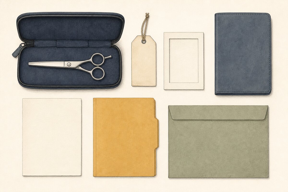 Hand-drawn records workspace with a closed protected shear, blank ID tag, empty photo frame, folio, factual note sheet, policy folder, and sealed envelope.