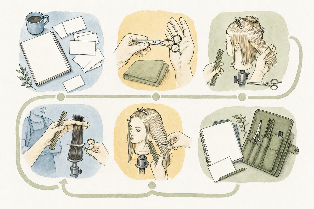 Six-station hand-drawn learning map linking blank source records, neutral hand-fit observation, mannequin section control, supervised practice, and a tool-and-evidence review loop.