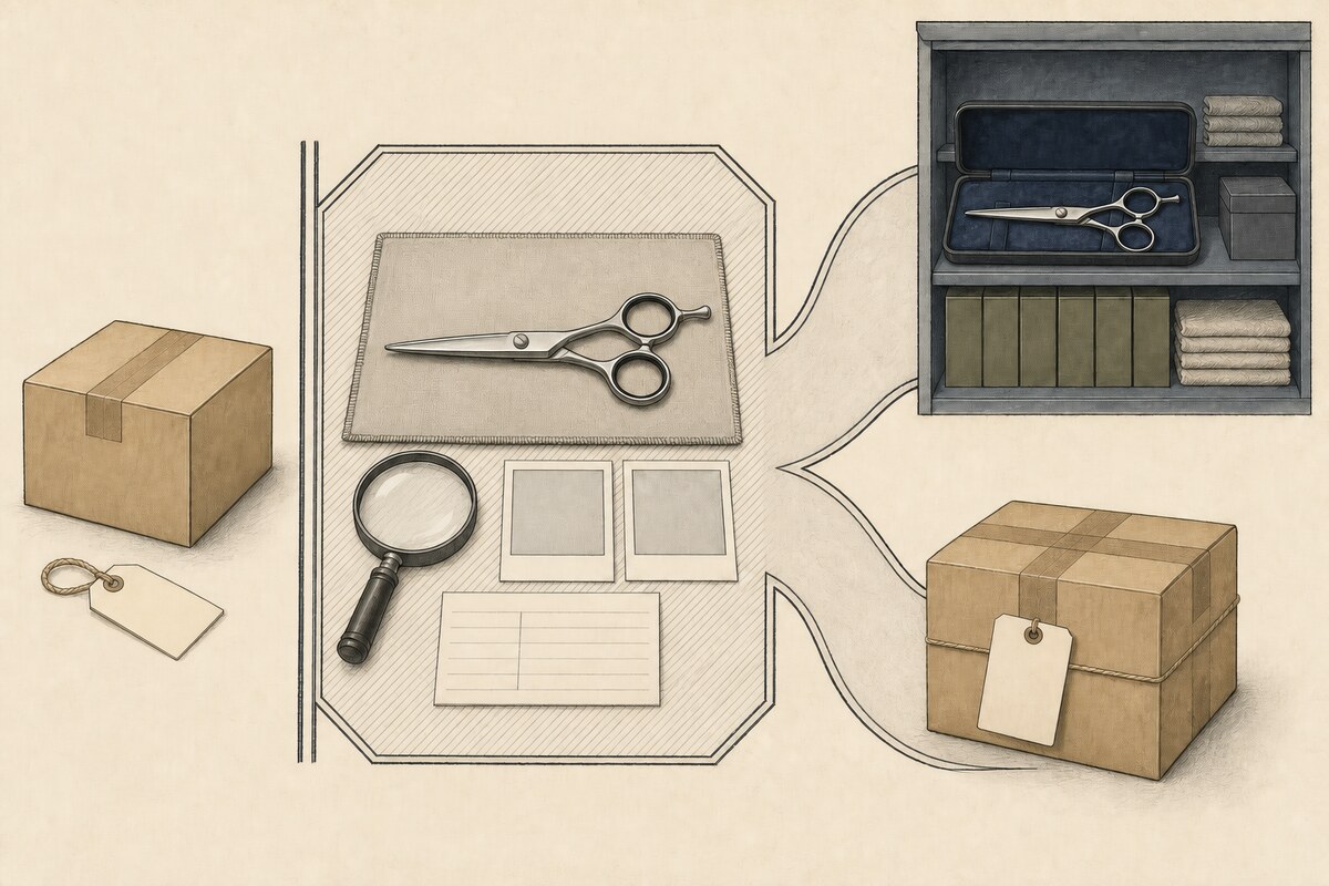 Hand-drawn receiving map with a sealed parcel outside an inspection threshold and separate protected-inventory and documented-return paths.