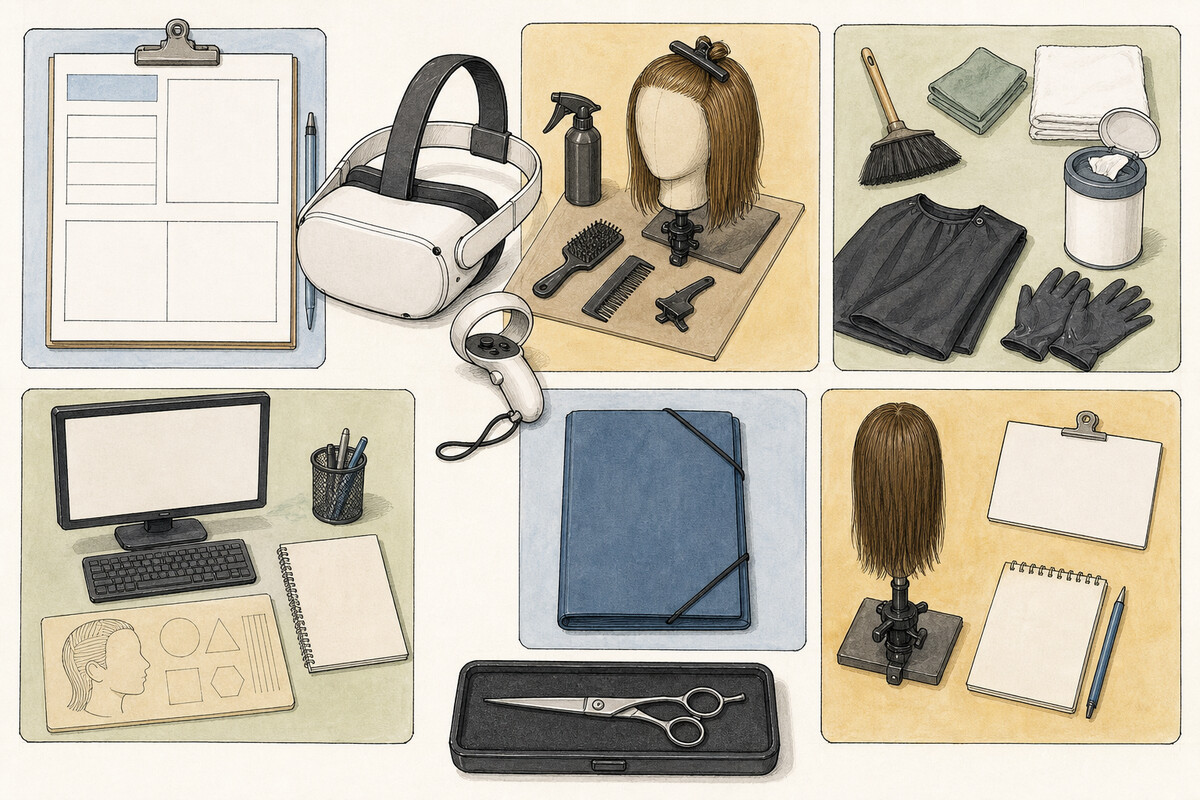 Hand-drawn VR and AR evaluation plate separating an inactive headset, blank device record, mannequin practice, room and cleaning context, accessibility alternatives, a protected data folder, and physical observation.