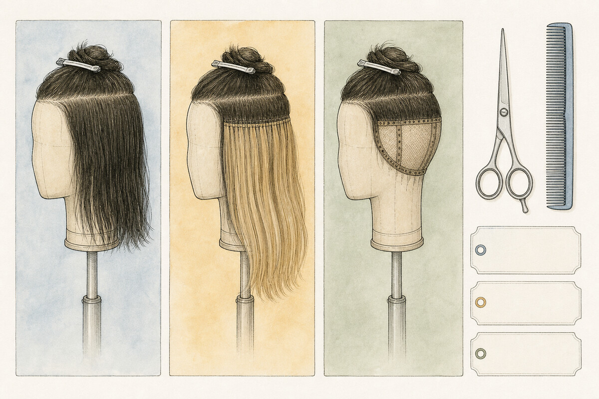 Three-panel hand-drawn mannequin study separating natural hair, added fibre, and attachment or base observations, with a closed shear, comb, and three blank evidence cards outside the panels.