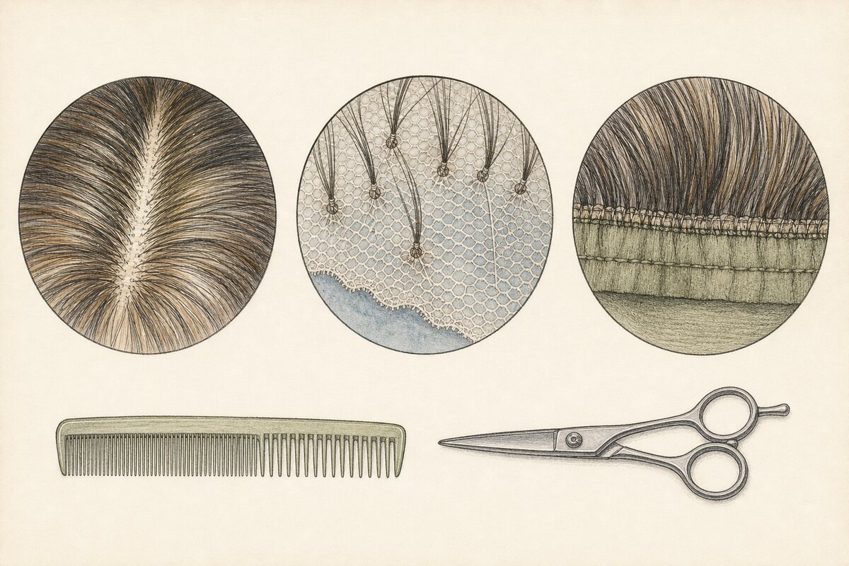 Hand-drawn close observations of visible wig hair and parting, lace or mesh with knots, and a separate weft or attachment boundary, with a closed shear and comb kept below.