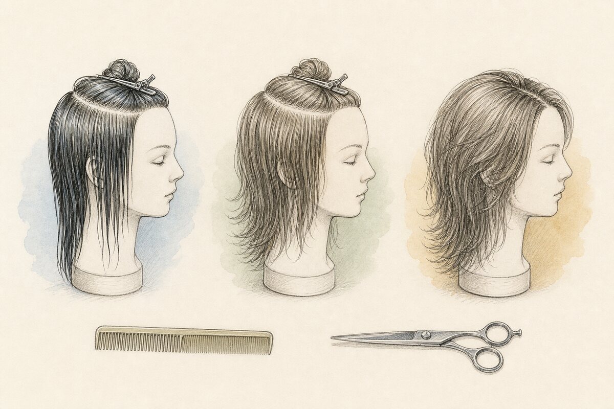 Hand-drawn editorial observation plate showing the same mannequin hair section across three different moisture, preparation, and released states, with closed tools parked below.