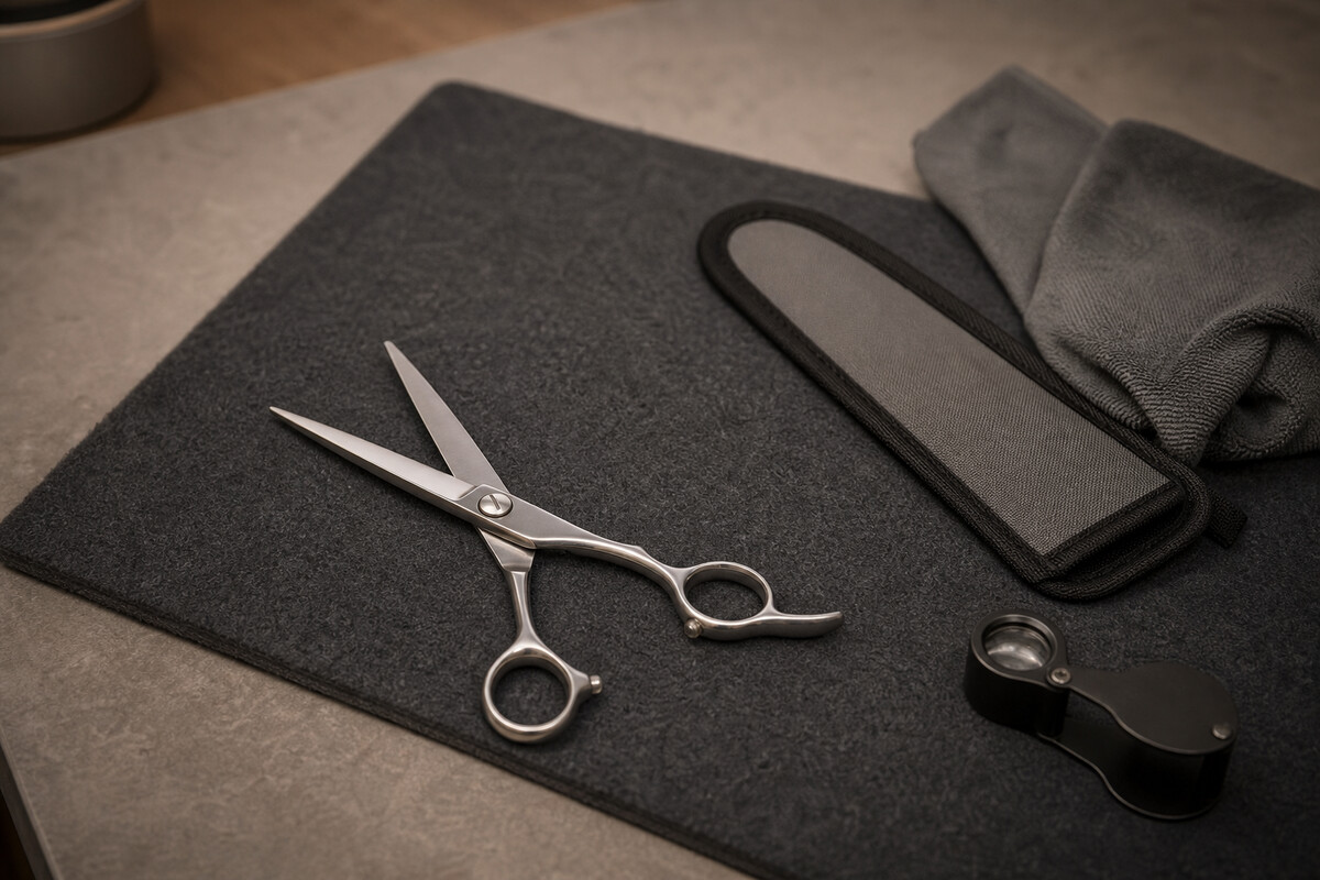 Generated editorial photograph: sharpening-service check records condition at intake, authorised work, named provider, and return inspection.