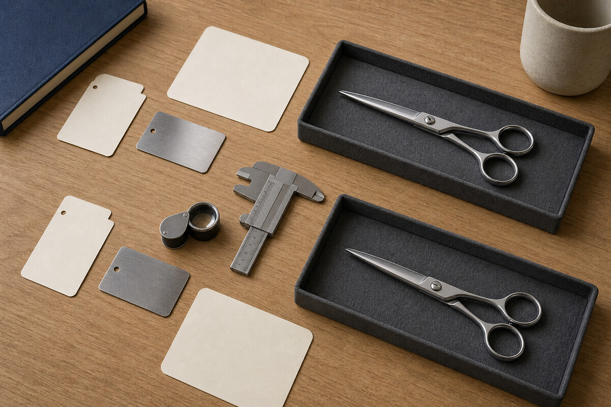 Generated editorial photograph: two closed unbranded shears, blank source cards, separate metal coupons, a loupe, and a caliper form a material-claim verification desk.