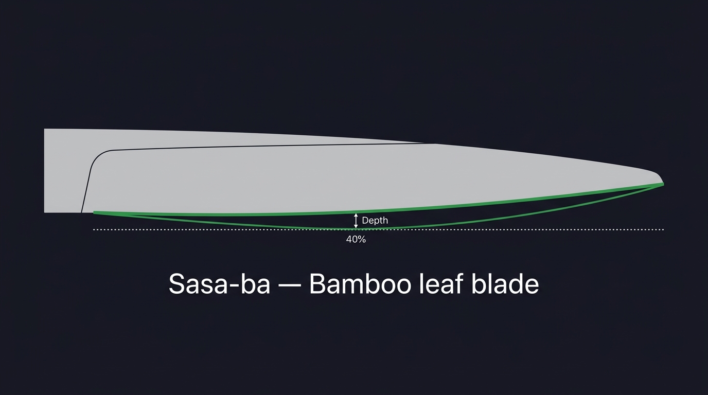 Sasa-ba (bamboo-leaf) blade silhouette with belly curve, depth and 40% annotations on dark navy background