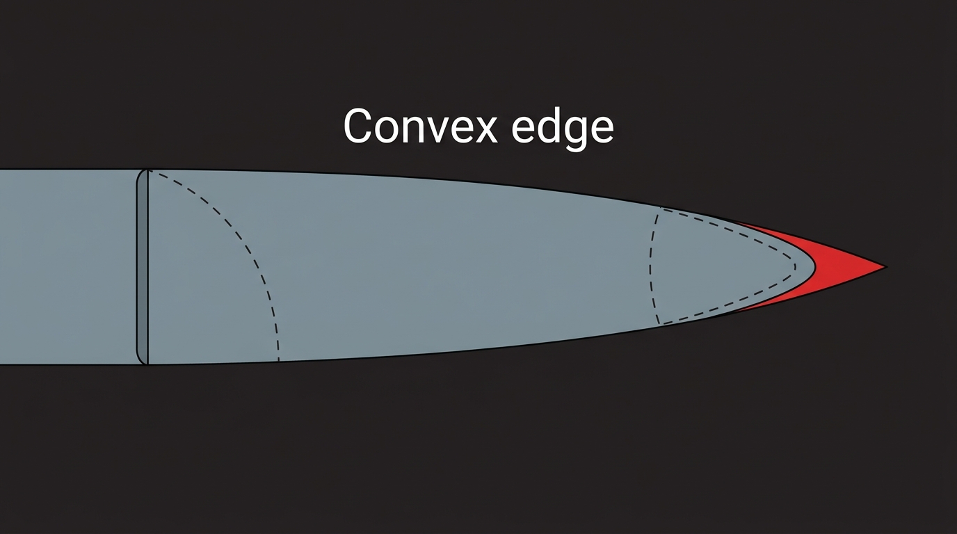 Convex-edge cross-section diagram magnified to show the curved grind with dashed curvature arcs on dark navy background