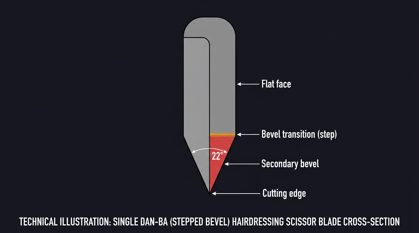 Dan-ba bevelled-edge cross-section diagram with flat face, primary bevel transition, secondary bevel, and cutting edge labelled, plus a 22-degree angle callout on dark navy background