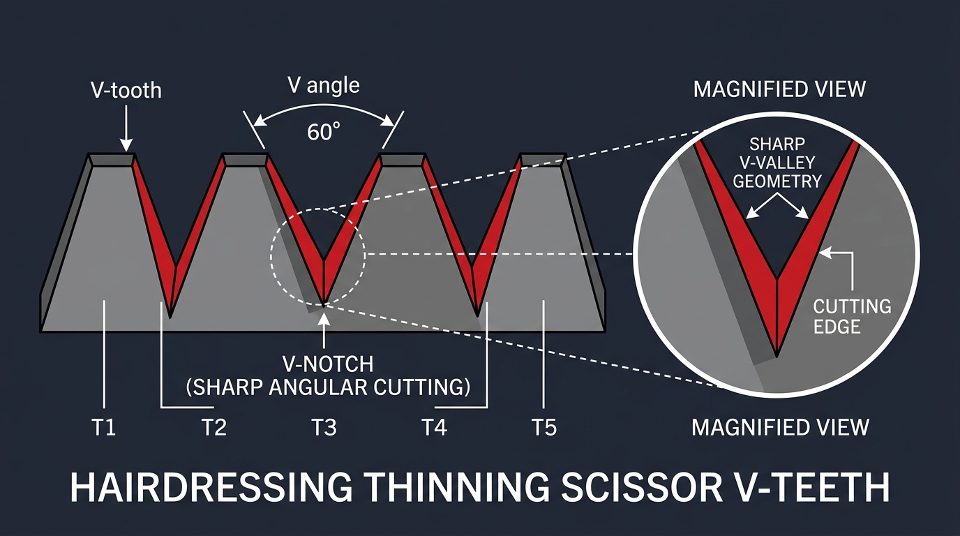 V-wave-tooth thinning-blade diagram showing five sharp V-teeth with a 60-degree angle callout, valley shapes filled in red, and a magnified callout circle showing single-tooth geometry on dark navy background