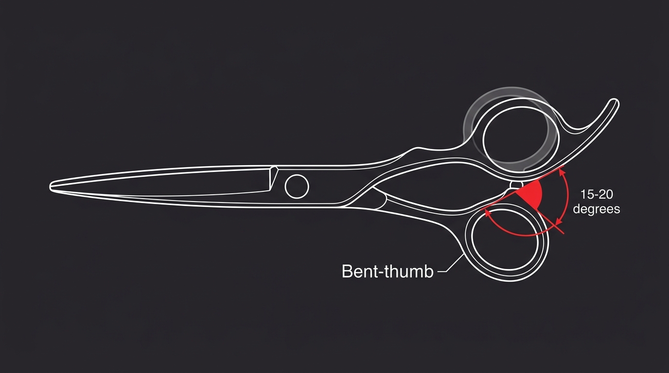 Bent-thumb scissor diagram with the thumb ring angled 15-20 degrees downward and a dashed ghost outline of an unbent straight thumb ring on dark navy background