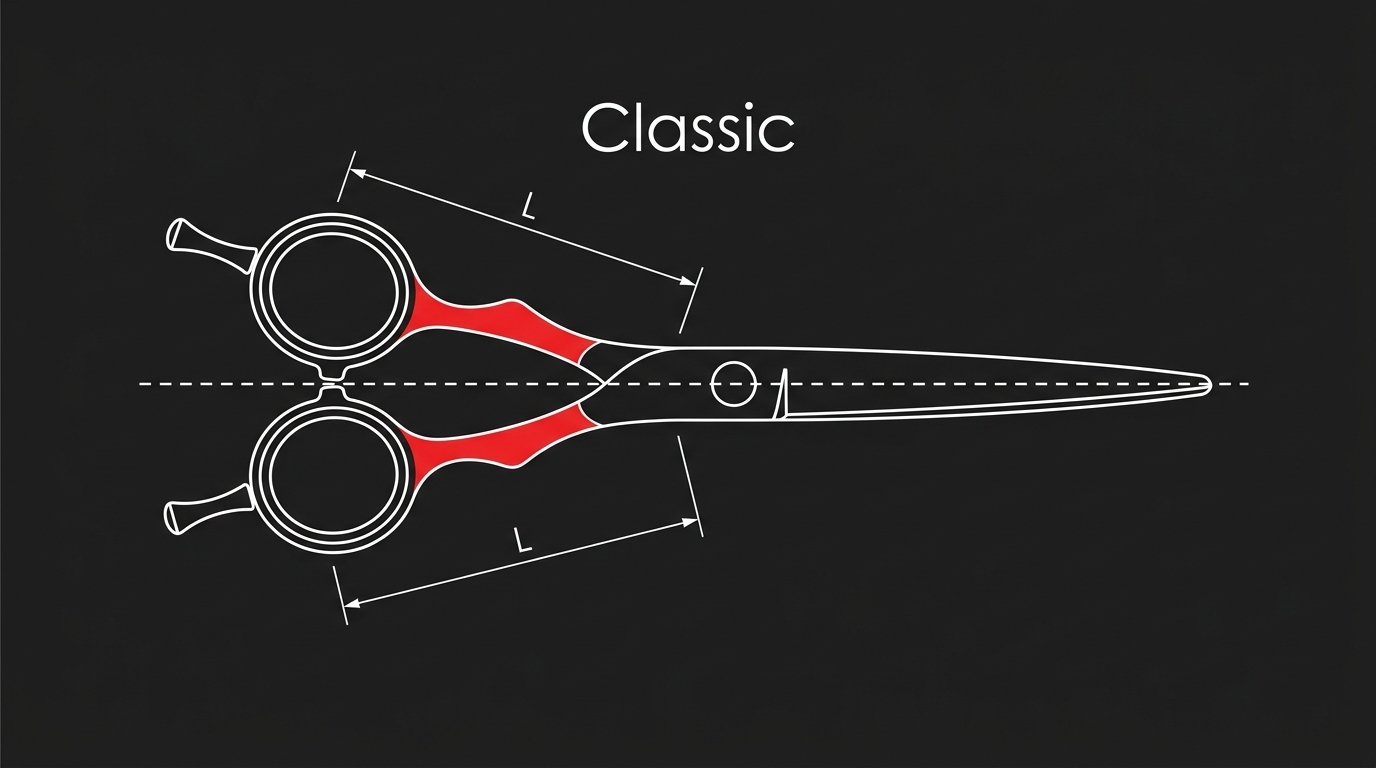 Simplified, not-to-scale diagram of an unbranded shear with two aligned handle rings and equal-length handle shanks. and a dashed centre symmetry line through the pivot on dark navy background
