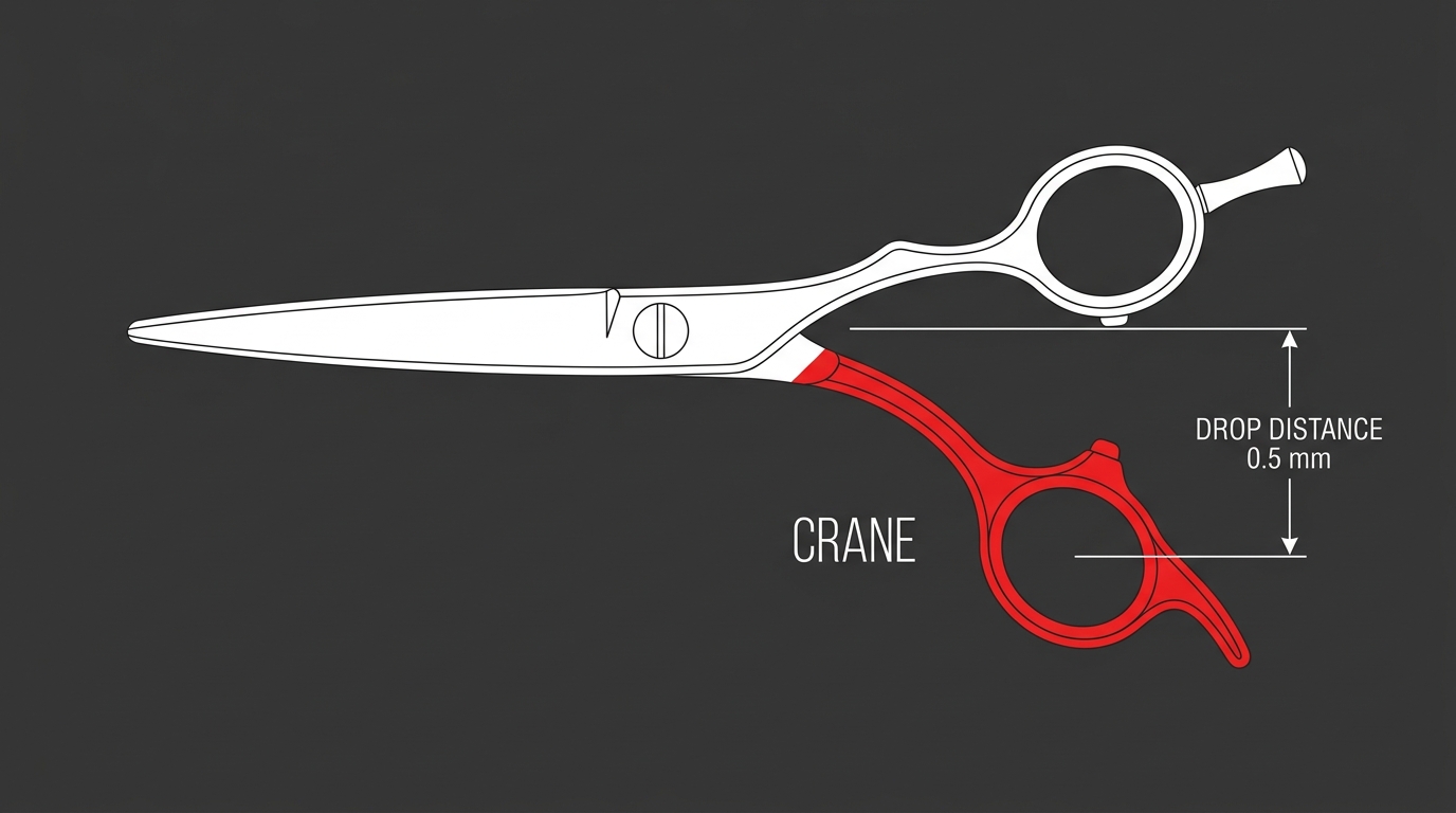 Crane-handle scissor diagram with the dropped thumb shank highlighted in red and a curved crane-neck connector to the thumb ring on dark navy background