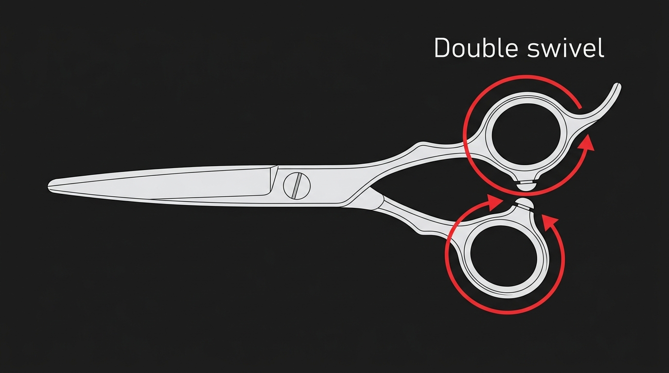 Double-swivel scissor diagram with both thumb and finger rings rotating independently shown by red rotation arrows on dark navy background