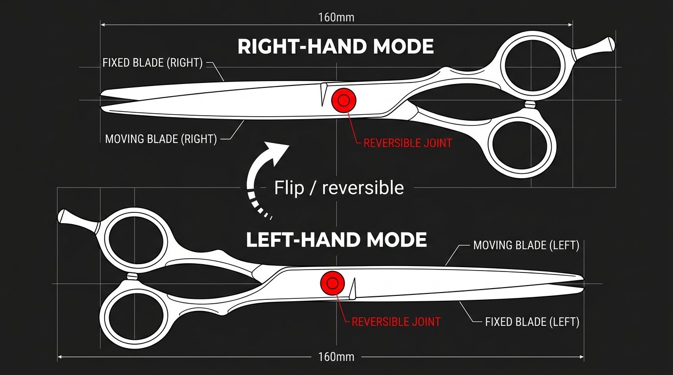 Flip / reversible scissor diagram showing right-hand mode and left-hand mode stacked vertically, with red reversible joint disc and curved flip arrow connecting the two modes on dark navy background