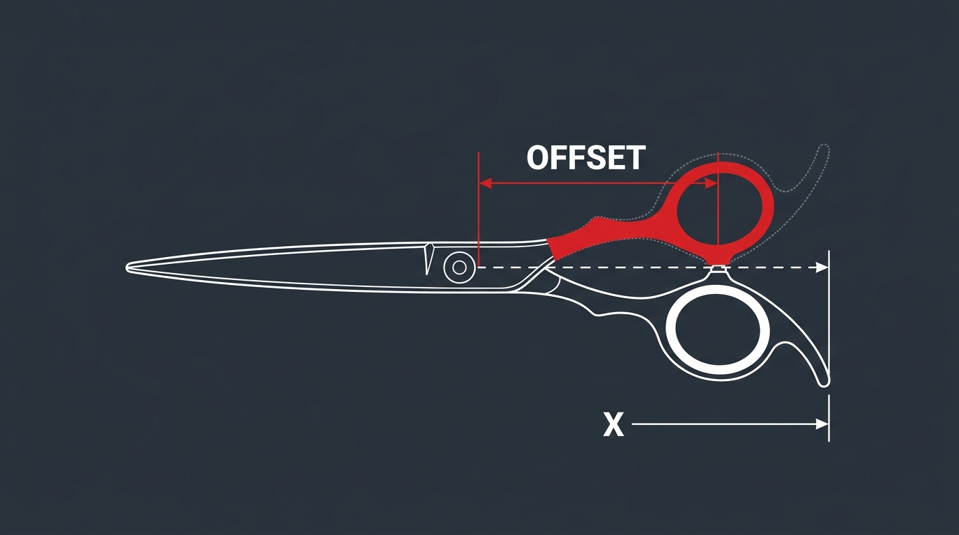 Offset-handle scissor diagram showing the shorter thumb shank highlighted in red with a dashed ghost outline of a symmetric classic handle for comparison on dark navy background