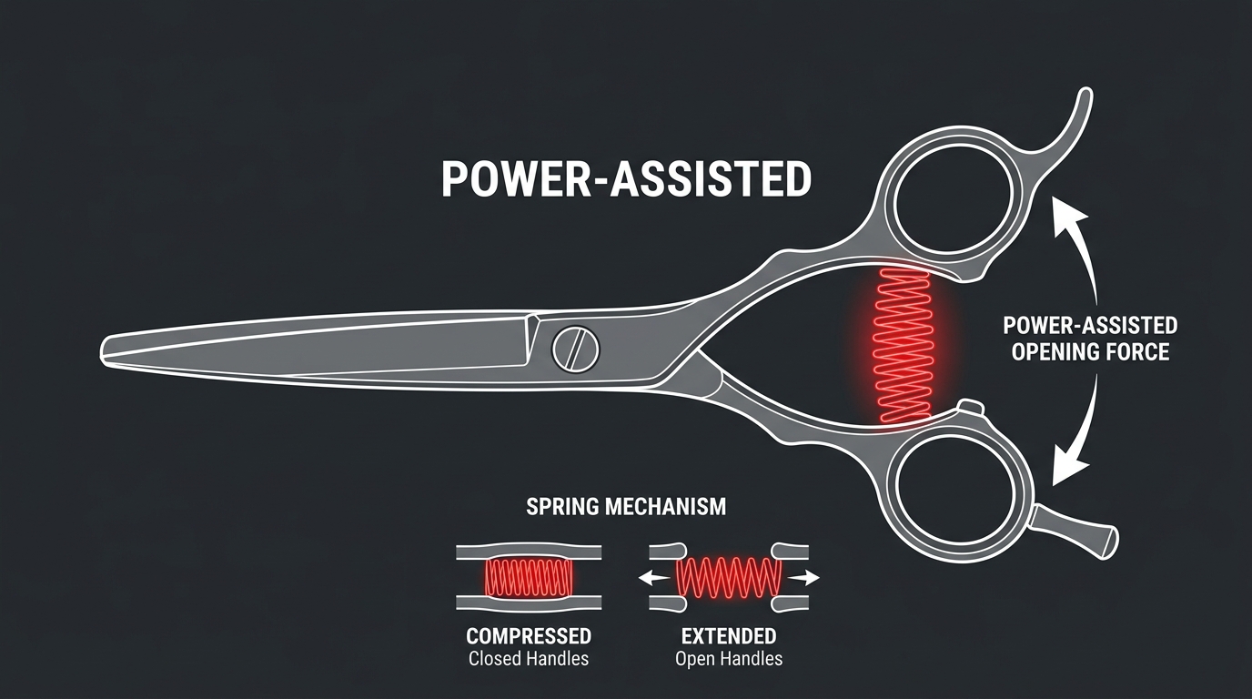 Power-assisted scissor diagram with red coil spring visible between the handle shanks, force-reduction arrows around the thumb ring, and a compressed/extended spring inset on dark navy background