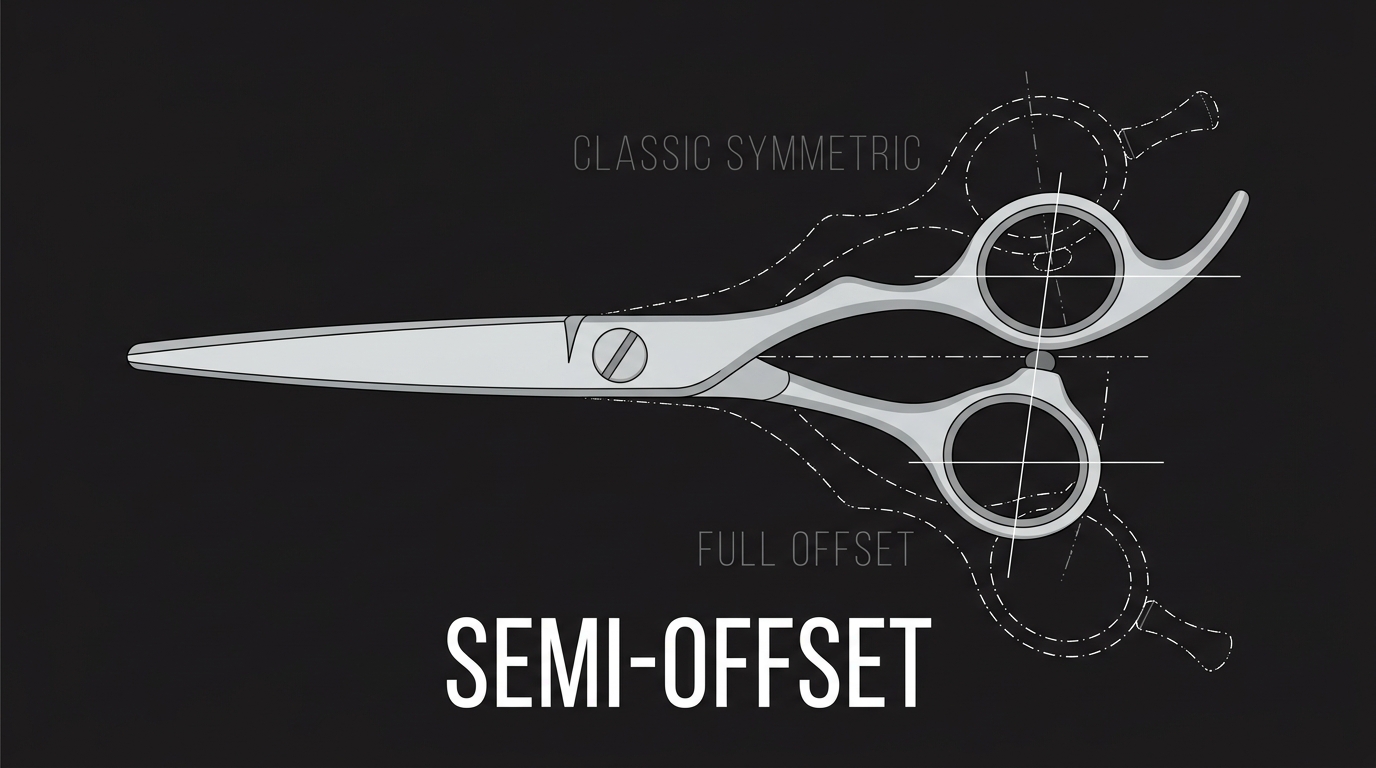Semi-offset scissor diagram with moderate thumb-shank reduction and ghost outlines of classic and full-offset handles for comparison on dark navy background