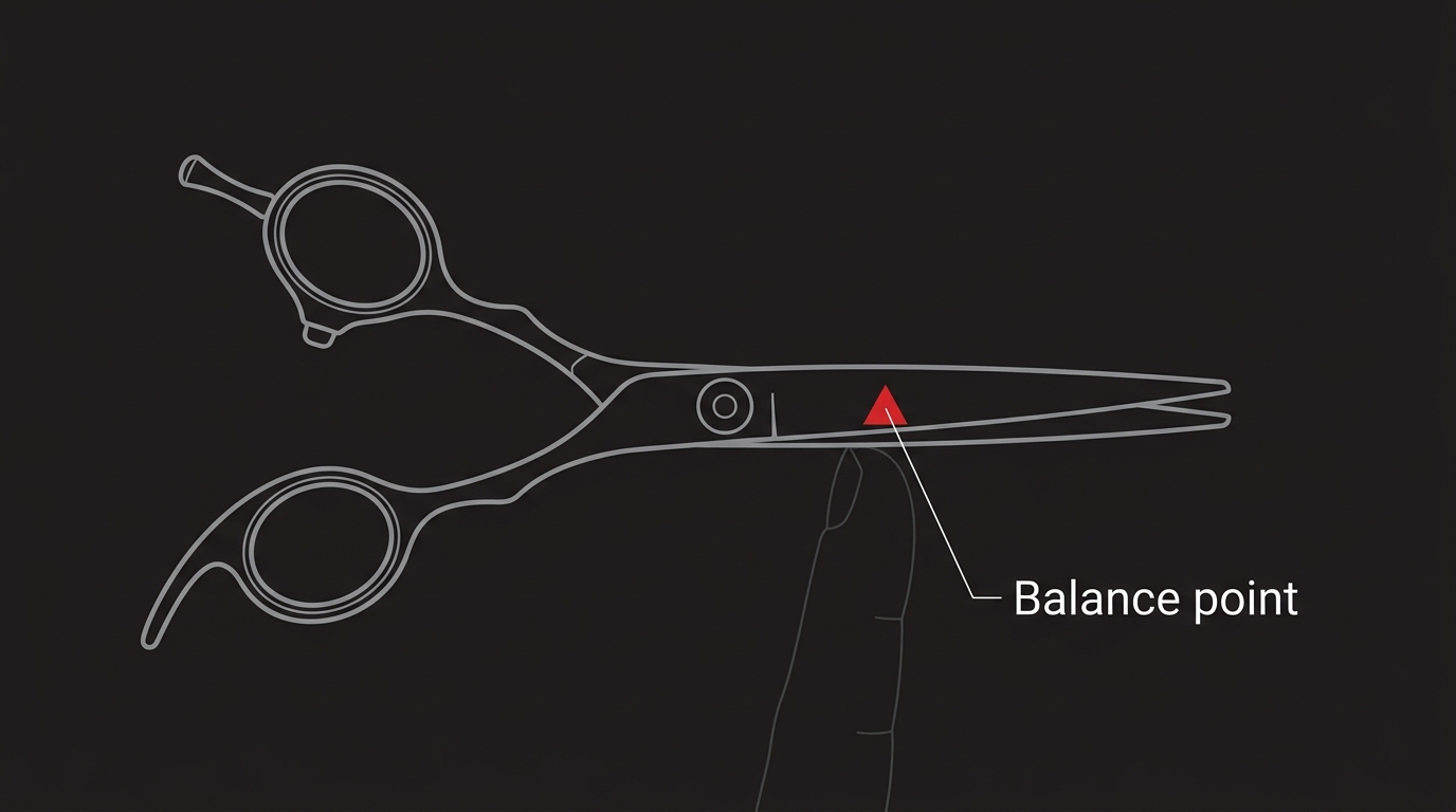Balance-point scissor diagram with a red fulcrum triangle on the blade and a faint finger outline beneath supporting the scissors at the balance position on dark navy background