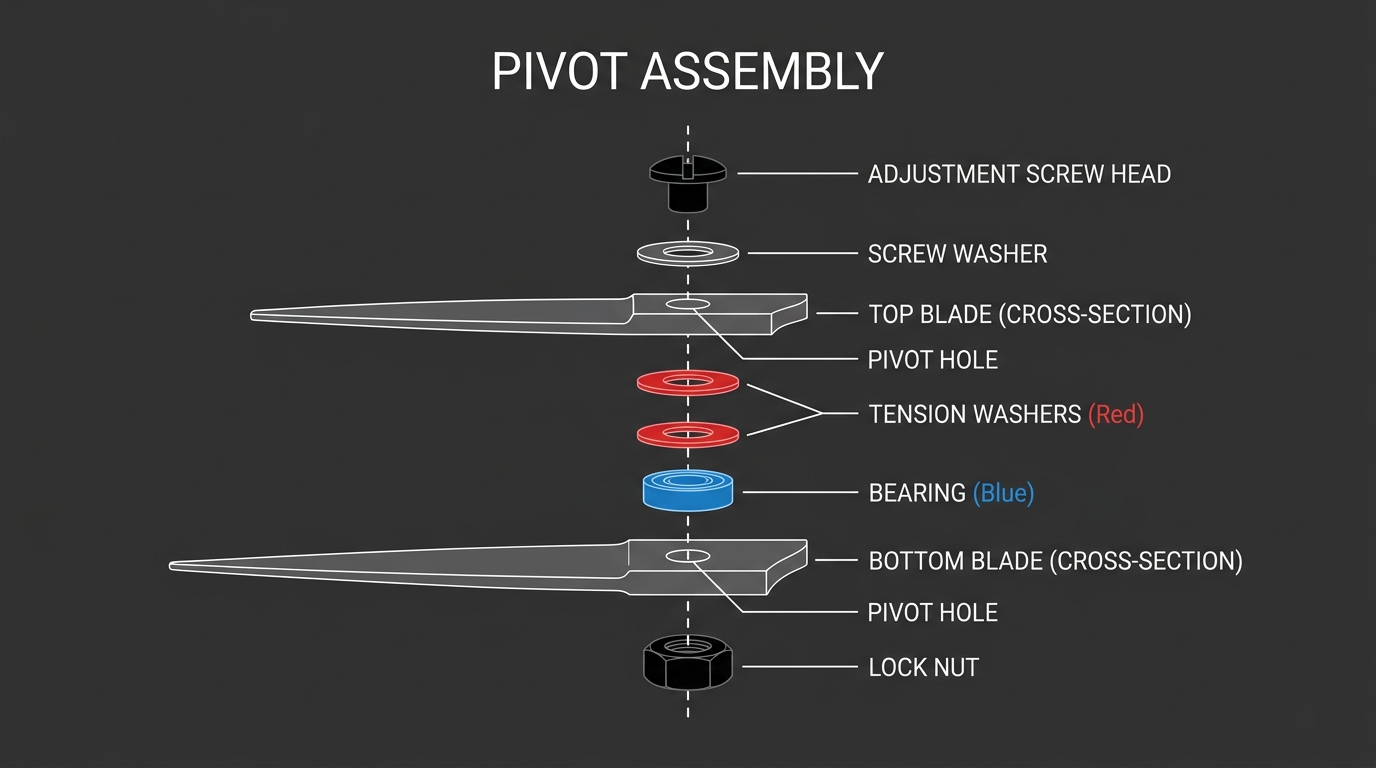 Pivot bearing components exploded vertical assembly diagram showing adjustment screw, washer, top blade, tension washers (red), bearing (blue), bottom blade, and lock nut on dark navy background