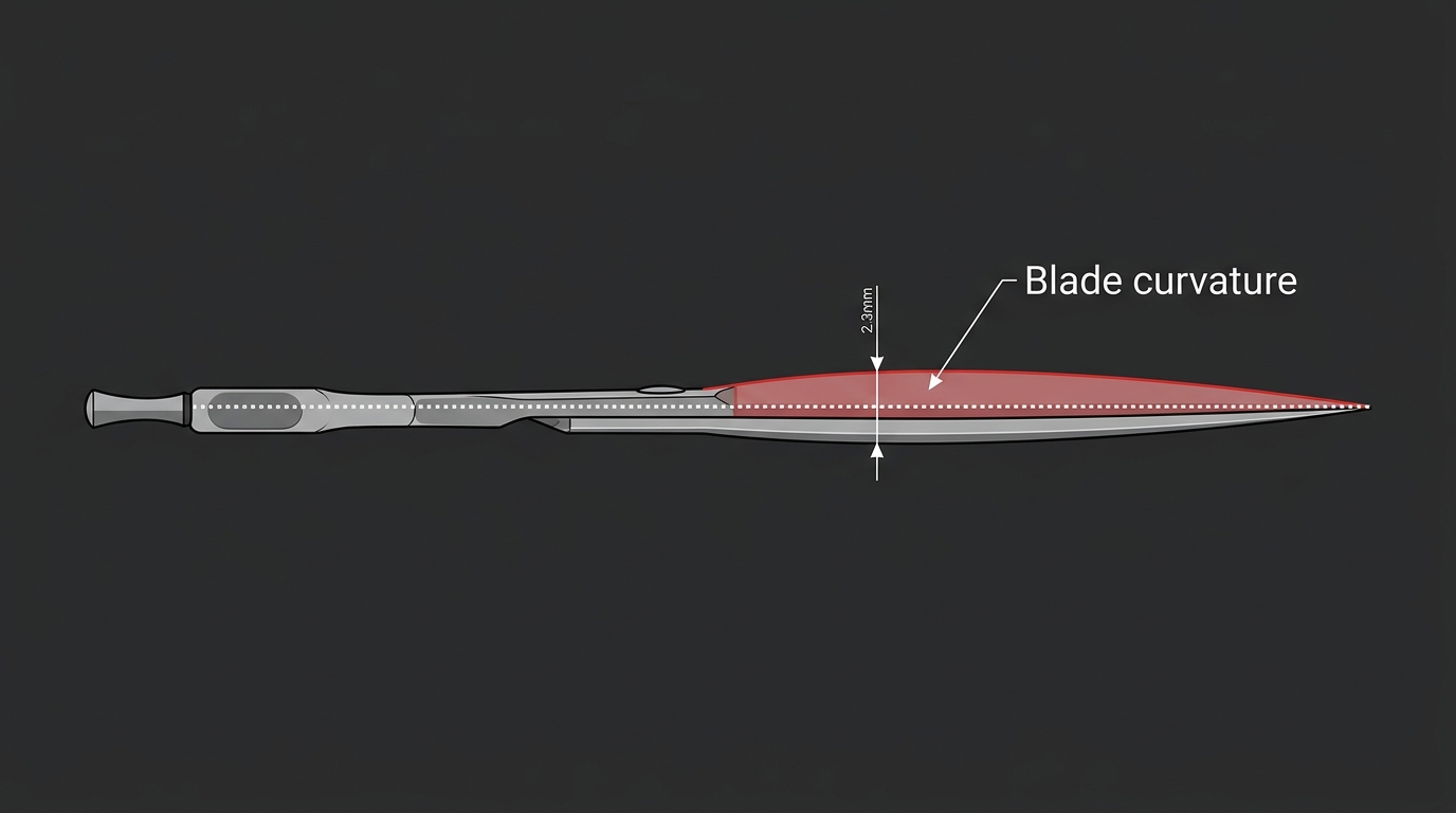 Blade-curvature diagram with a dotted reference line from heel to tip and the gap between reference and actual curve filled in red, with a 2.3mm dimension callout at the maximum deviation point on dark navy background