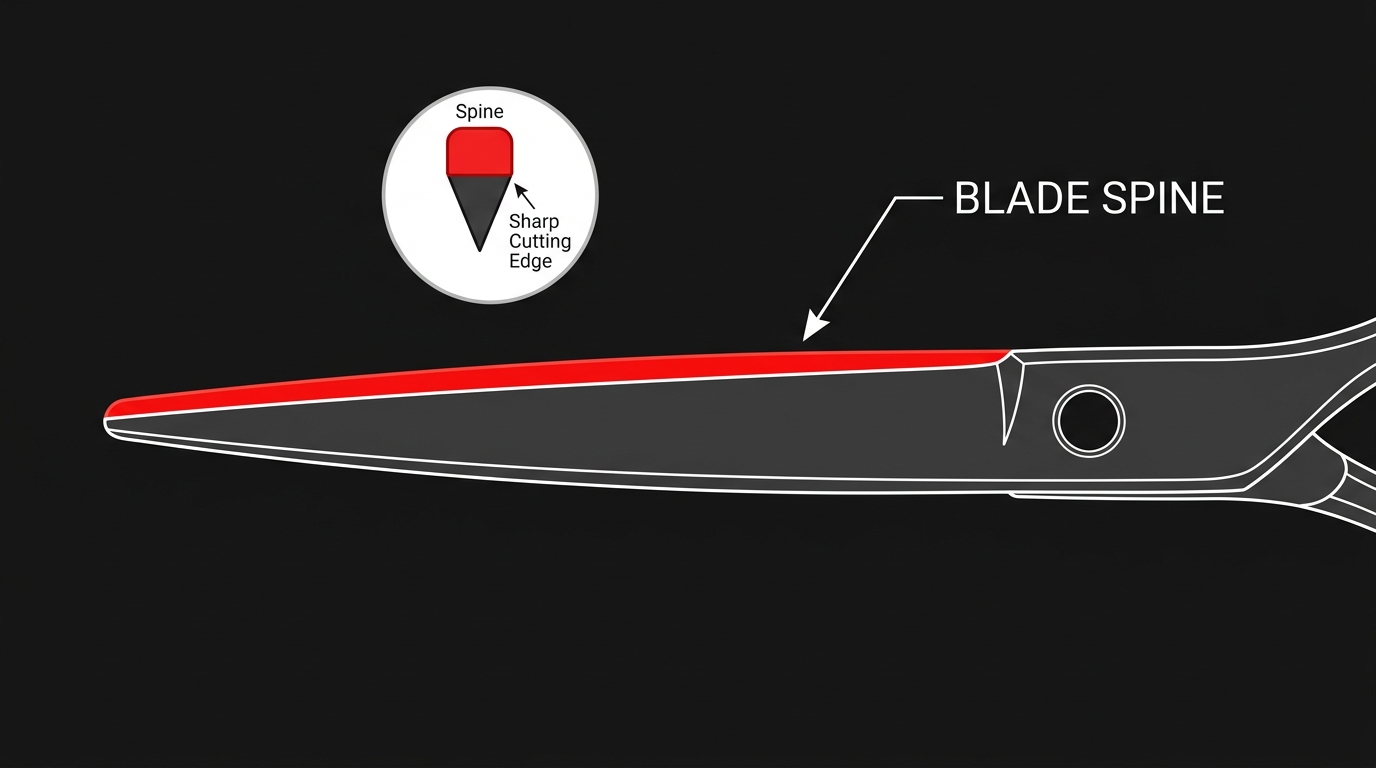 Simplified orientation diagram highlighting the non-cutting back edge of one shear blade, with a conceptual cross-section inset.
