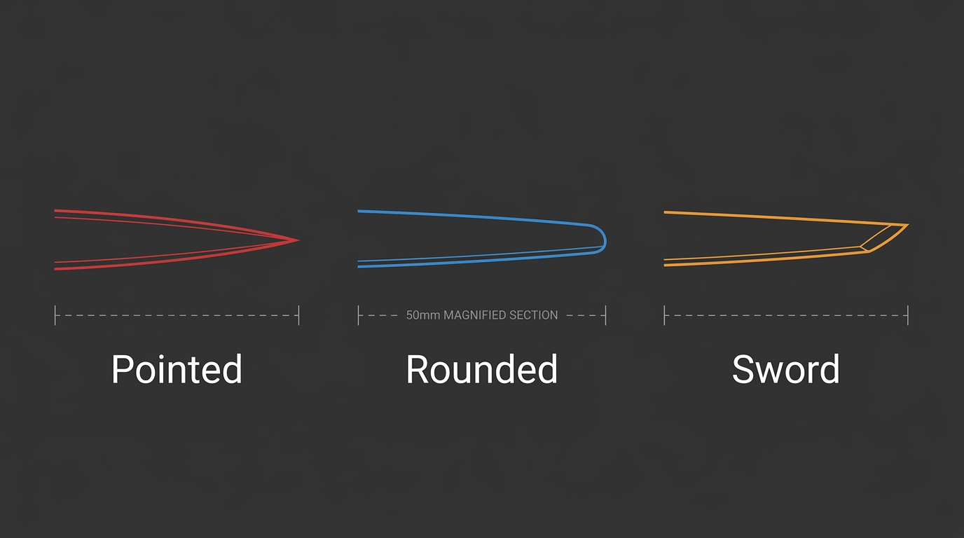 Blade-tip-geometry diagram comparing pointed (red), rounded (blue), and sword (amber) tip profiles side by side with width brackets and magnification scale on dark navy background