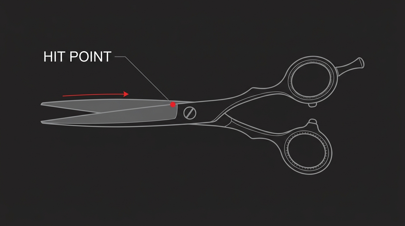 Hit-point scissor diagram with a red dot near the heel marking where blades first touch and a directional arrow running along the cutting edge toward the tip on dark navy background