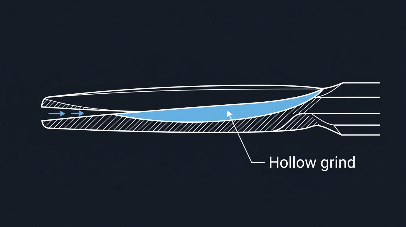 Urasuki (hollow grind) scissor blade diagram showing the concave inner-face channel highlighted in blue with friction-reduction arrows at the blade gap on dark navy background