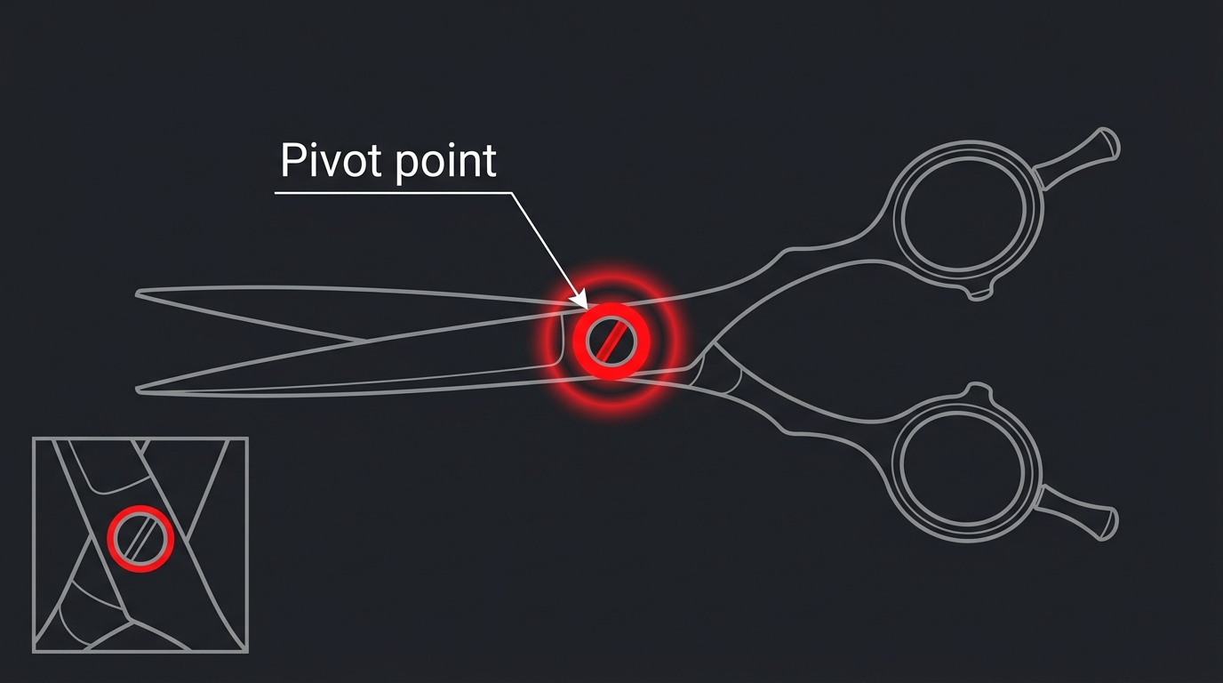 Simplified orientation diagram highlighting the central pivot screw on an unbranded shear, with a small inset of the screw head.