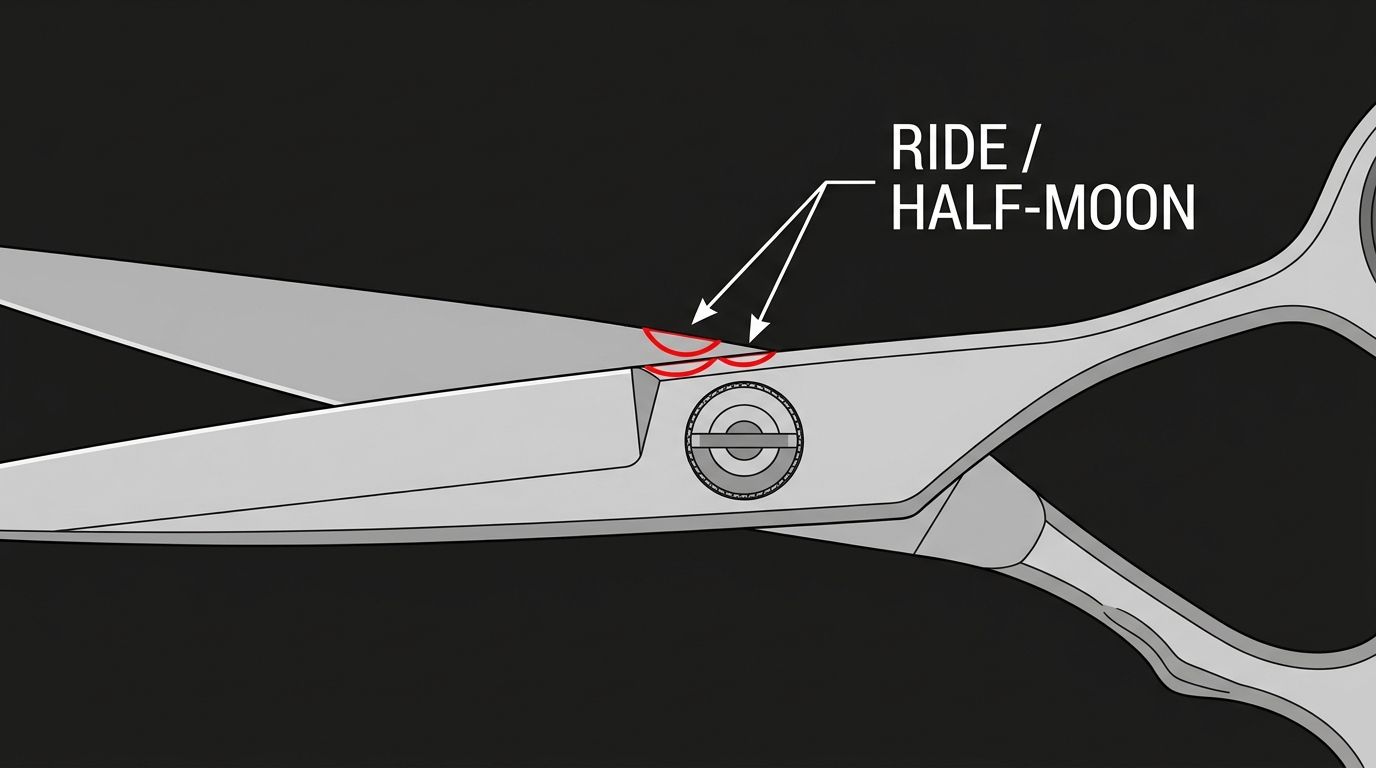 Ride / half-moon scissor diagram with two small red crescent contact surfaces highlighted just above the pivot screw on each blade's inner face on dark navy background