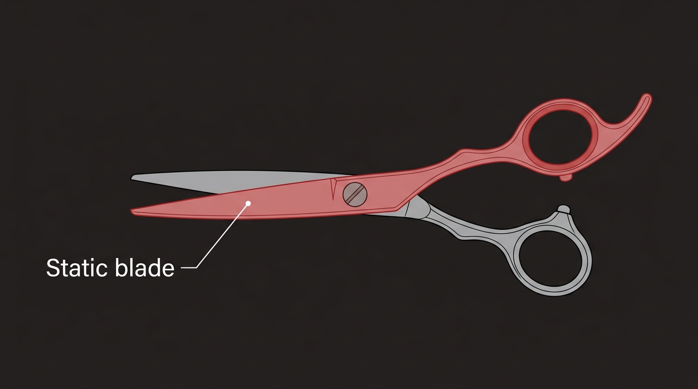 Simplified orientation diagram highlighting one blade as the finger-held static blade on an unbranded shear.