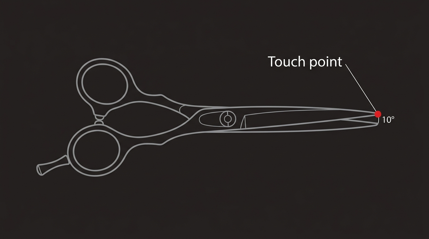Touch-point scissor diagram with the scissors nearly closed at 10 degrees and a red dot marking where the blade tips meet on dark navy background